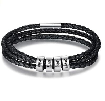 China Hot Sale Hiphop Fashion Jewelry Bracelet Bangle Hand Rope Stainless Steel DIY Leather Engraved Beads Hiphop for sale