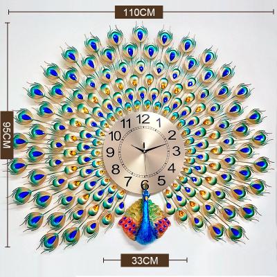 China Art Craft Modern Big Peacock Antique Luxury Design Golden Wall Decoration Home Style Silent Wall Clock for sale