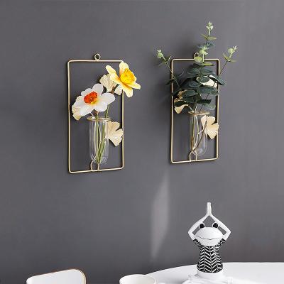 China Fashion Elements Wall Hanging Iron Frame Glass Drop Minimalist Vase Four Shapes Geometric Wall Decoration for sale