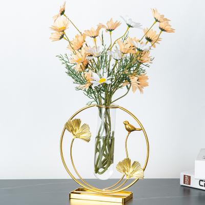 China Modern Hot Selling Planter Desktop Clear Iron Tube Decor Glass Vase With Metal Wood Stand Base for sale