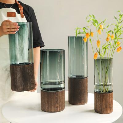 China Luxury Garden Crystal Vase Contemporary Wooden Lower Straight Glass Creative Household Decoration Ornaments for sale