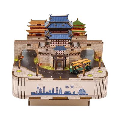 China Wooden Tonecheer Xian City music box wooden puzzle for children 3d puzzle wooden castle in the sky for sale