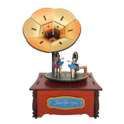 China Tonecheer Wooden Phonograph Music Box Wooden Puzzle For Kids 3d Puzzle Wooden Castle In The Sky for sale