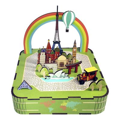 China Tonecheer wooden window of the world music box wooden puzzle for kids 3d puzzle wooden castle in the sky for sale