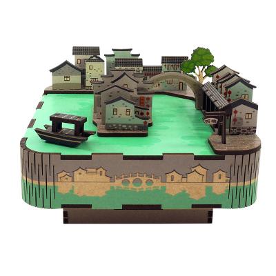 China Tonecheer Water Town Music Box Wooden Wooden Puzzle For Kids 3d Puzzle Wooden Castle In The Sky for sale