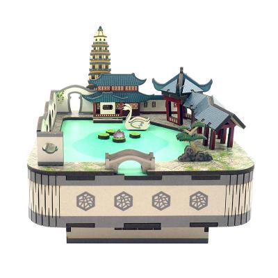 China Wooden Tonecheer Suzhou garden music box wooden puzzle for children 3d puzzle wooden castle in the sky for sale