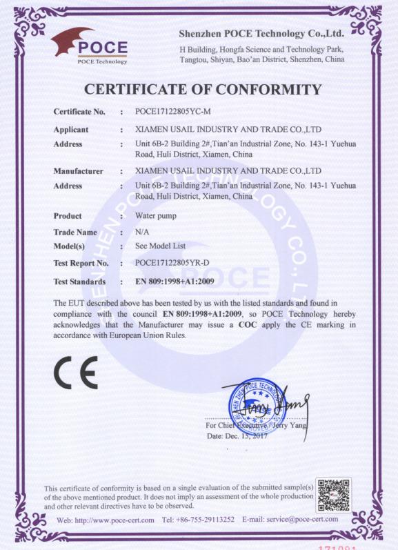 CE - Xiamen Usail Industry And Trade Co., Ltd.