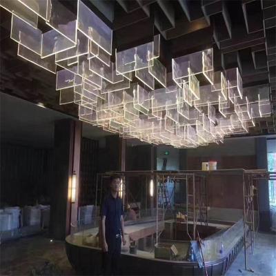 China Restaurant Minimalist Hotel Luxury Gold Customized Large Glass Rectangular Modern Chandelier Lamps Pendant Light for sale