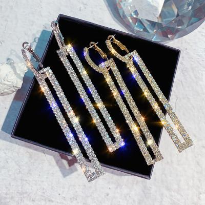 China Luxury Gold Silver Color Rectangle Rhinestone Earring Party Jewelry Gift Luxury Long Fashion Flexible Geometric Drop Earrings For Women for sale