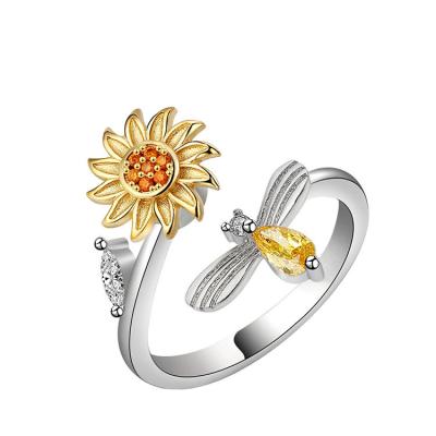 China High Quality Hot Sale Relieve Pressure Honey Bees Collect Flower Nectar Finger Ring Crystal Sunflower Bee Open Ring For Women for sale