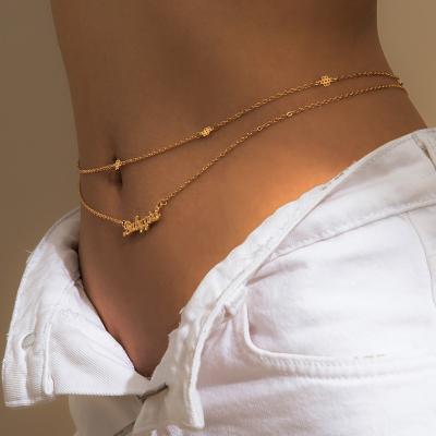 China Women's Sexy Flexible Fashion Waist Chain Charms Gold Double Navel Chain Tassel Pearl Diamond Jewelry Body Chain for sale