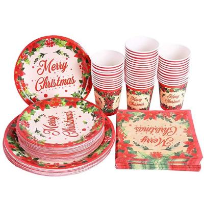 China 2022 Custom Merry Christmas Paper Plate Paper Cup Napkin Party Supplies For Christmas KD for sale