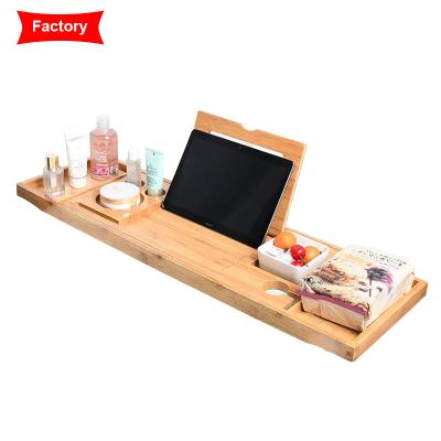 China Viable Bamboo Organizer Tray Wooden Adjustable Bath Tub Holder Tray For Luxury Glass Rack Wine Bamboo Relax Tub Holder for sale