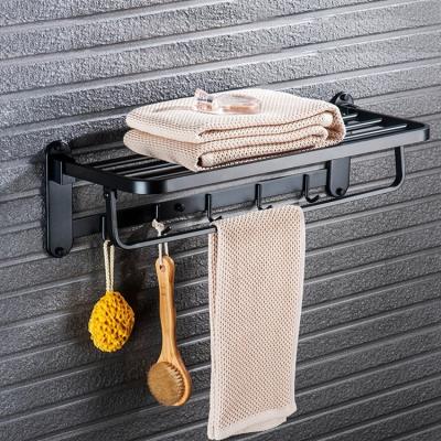 China With Stainless Steel Matte Black Flolding Towel Rack Bathroom Accessories Towel Shelf Rack With Coat Hooks for sale