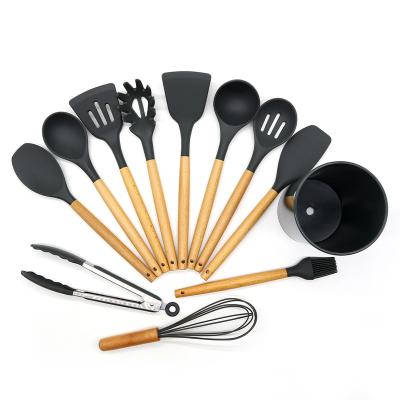 China Viable Custom Wholesale Silicone Kitchen Accessories Cookware Kitchen Tools Wooden Accessories Set With Wooden Handles for sale