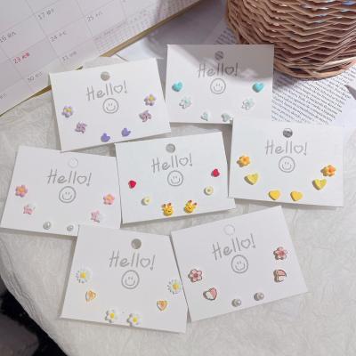 China S925 3Pcs Cute Korean Simple Silver Needle Cartoon Love Resin Style Small Spray Paint Set Earrings For Girls for sale