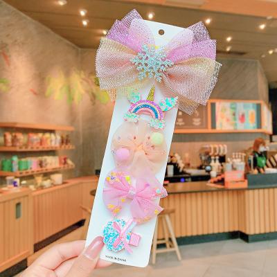 China MSYO Wholesale Environmentally Friendly Princess Accessories Sweet Rainbow Gradient Star Printing Net Yarn Bow Snow Flower Hair Clip for sale