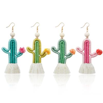 China Hot Sale Vintage MSYO Amazon Bohemian Jewelry Fashion Bohemia Handmade Weave Color Cartoon Plant Cactus Tassel Women Earrings for sale