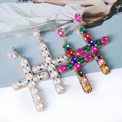 China Hot Sale Vintage MSYO Amazon Alloy Cross Diamond Jewelry Fashion Color Rhinestone Women's Drop Earrings for sale