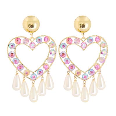 China Hot Selling Vintage MSYO Amazon Alloy Diamond Jewelry Colorful Rhinestone Heart Pearl Alloy Women Dangle Earrings for sale