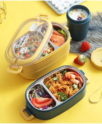 China 2 Layer Lihong Stainless Steel Bento Box Kids Eco-Friendly Heating Thermos Plastic Lunch Box Fresh Preservation with Cup and Fork for sale