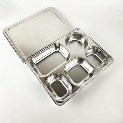 China Sustainable 304 Stainless Steel Rectangle Thali Dining Dish Set 5 Compartment Lunch Box Military Mess Tray for sale