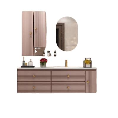 China New Modern Creative Macaron Colors Waterproof OEM Wooden Bathroom Vanity Unit Wash Basin Cabinet With LED Mirror for sale