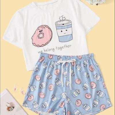 China Summer Short Sleeve Donut Print Cartoon QUICK DRY Pajamas Set Sleepwear Women Pijamas Pajamas Shorts Set for sale