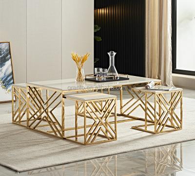 China Adjustable luxury style table set (other) hotel use furniture stainless steel marble top coffee table for sale