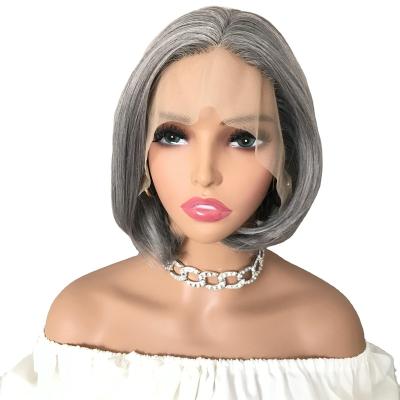 China Body Wave Short 52# silver grey Bob Wig T Part Lace Front Synthetic Wigs Dark Roots Glueless Synthetic Lace Front Wigs for Women for sale