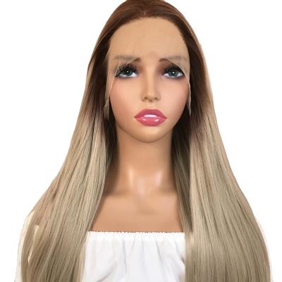 China Body Wave Long straight Synthetic Hair 13x3 Lace Front Wig Mixed Color Glueless  Half Hand Tied Women Wigs Natural Hairline for sale