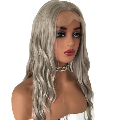 China Body Wave Long Grey Twisted Synthetic Lace Women's Front Wig Girls' Adhesive Free Synthetic Half Handtie Wig for Daily Use for sale