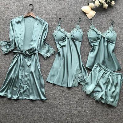 China New retail hot products 100% QUICK DRY silk four pieces of bathrobe silk sleepwear bridal long robe homewear summer women sets for sale