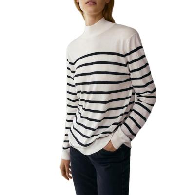 China Custom 2021 Fall turtle neck superfine striped plain sweater anti-shrink knit wool cashmere sweater for women for sale