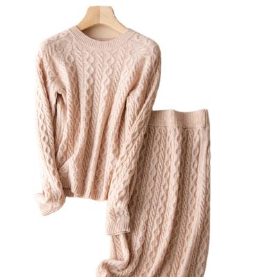 China OEM ODM Anti-Shrink Custom Cable Knit Wool Cashmere Two Piece Sweater Set Skirt Suits For Women for sale