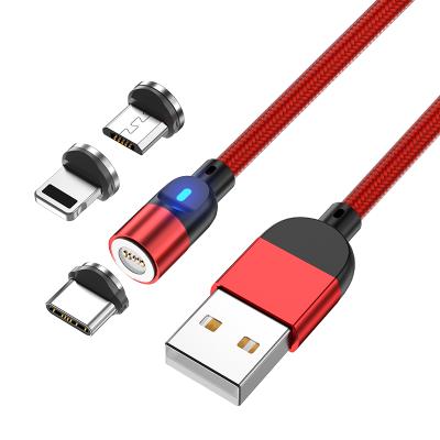 China LED Indicator +540 Rotation Nylon Braided Mobile Phone Android Fast Mic For iPhone Type-C USB-C 3 in 1 Led Magnetic USB Cable for sale