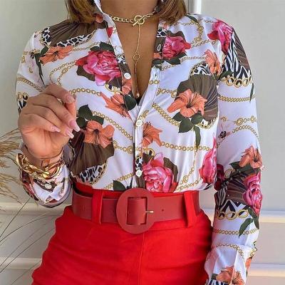 China Anti-pilling 2021 new light mature long-sleeved comic printing blouse women's clothing costumes collar temperament shirt shorts for sale