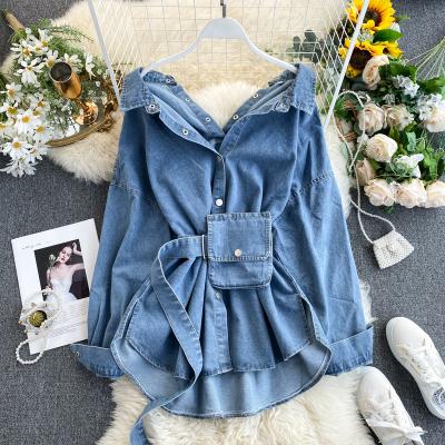 China Breathable Patchwork Bag Waist Lapel Long Sleeve Denim Blouses Female High 2021 for sale