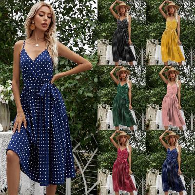 China 2022 Summer Vintage Polka Dot Women Sling Midi Long A Line Casual Pleated Korean Dress Anti-wrinkle for sale