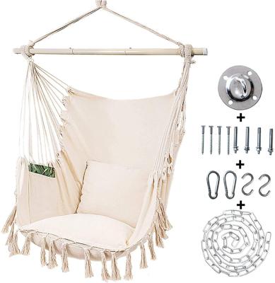 China Durable Outdoor Indoor Hammock Chair with Macrame Lace Fringe Tassel and Steel Spreader Bar with Pillow and Pocket for sale