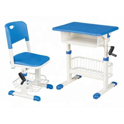 China Durable classroom furniture can be cranked to adjust the height of student desks and chairs for sale