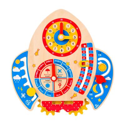 China Practical High Quality Cute Shaped Wooden Toys Rocket Calendar Clock Toy Educational Teaching Clock For Kids for sale