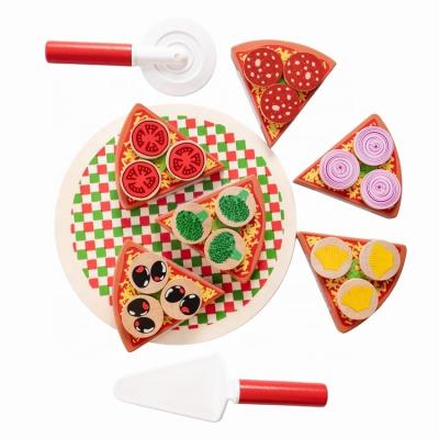 China New Hot Sale Wood Style Simulation Wooden Pizza Cutting Toys Children Pretend Food Play Baby Educational Game Toy Set for sale