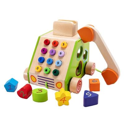 China Custom Toy Maker Montessori Wooden Early Education Pretend Play Pull Along Phone Trailer For Kids Xjydz-011 for sale