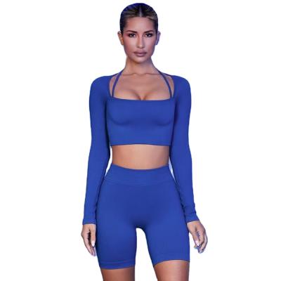 China Breathable Seamless 2 Piece Yoga Wear Long Sleeve Slim Fit Fitness And Shorts Women Activewear Sets for sale