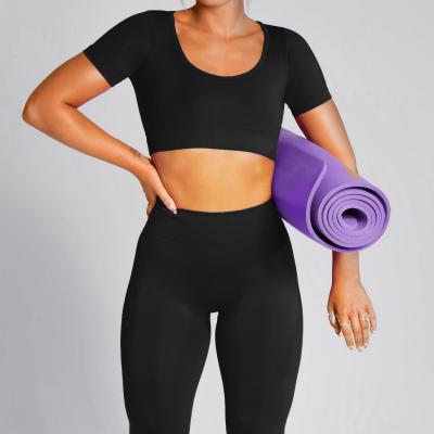 China Breathable Wholesale Gym Fitness Sets 2 Piece Seamless Short Sleeve And Leggings Women Workout Sets for sale