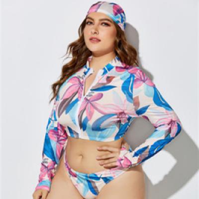 China 2021 Popular 3 Piece Swimwear Beach Print Women Swimsuit Breathable Cover Up Bandeau Plus Size 2xl-5xl for sale