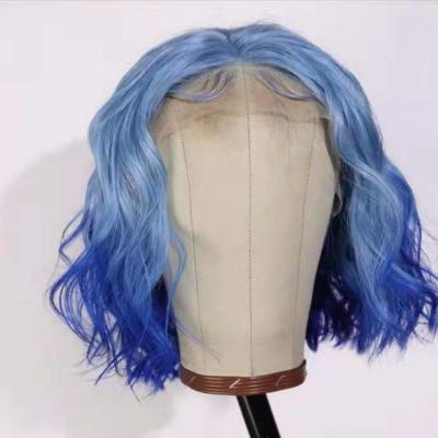 China New Style 100% Brazilian Soft Curly Human Hair Ombre Blue Transparent 13*4 Lace Front Wig for sale