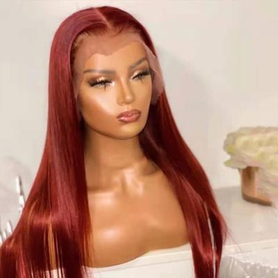 China Best Selling 100% Shiny Brazilian Virgin Hair Wine Red Straight Wine Clolor 13*4 Lace Front Transparent Wig For Women And Girl for sale