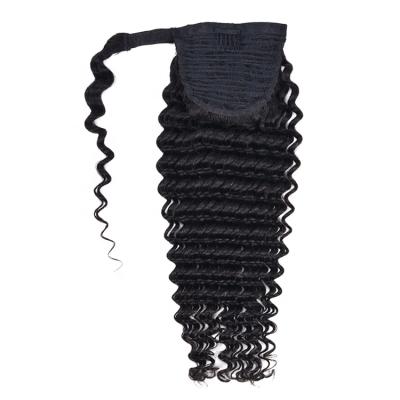 China Brazilian hair wholesale price100% deep wave soft straight thick wrap around ponytail for sale